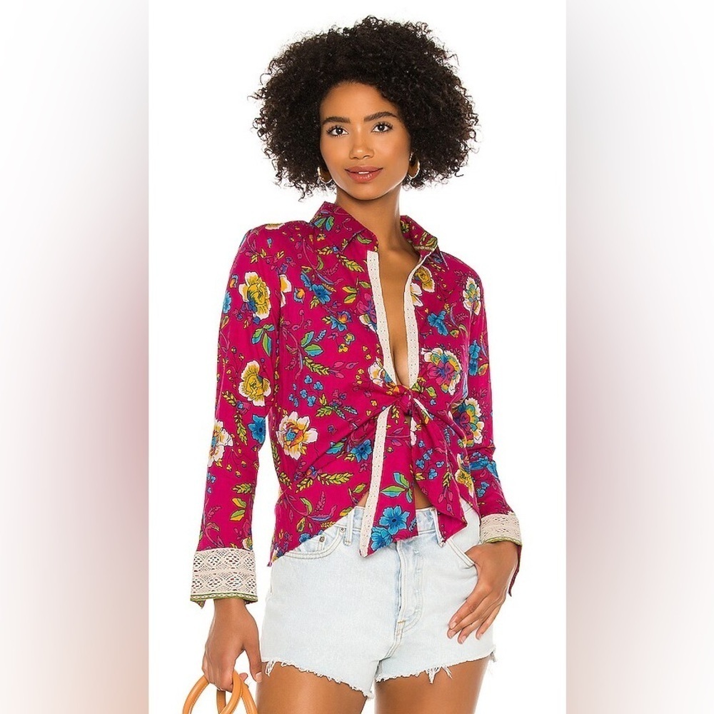 Revolve Pitusa Collared Tie Shirt Size in Fuchsia Floral Print (Size III-L)